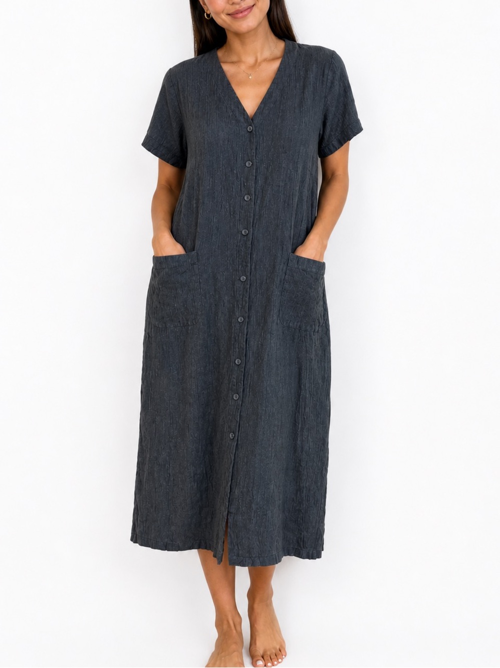 Poetry Linen/Cotton Dress Button Front Short Sleeve VNeck Minimalist Lagenlook16